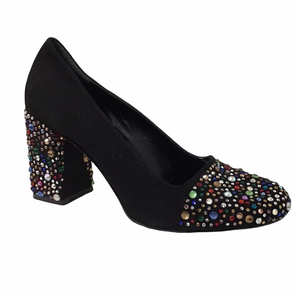 NORKA Black Suede Rhinestone Embellished High Heel Slip-On Pump Shoe NWOT Size 9